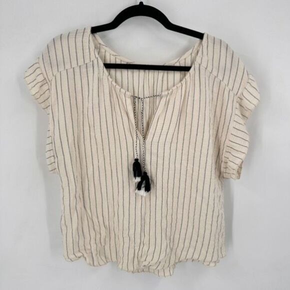 Joie‎ Striped Top Gauzy Fringe Tie Peasant Boho SS Shirt Small White Black - Picture 2 of 11